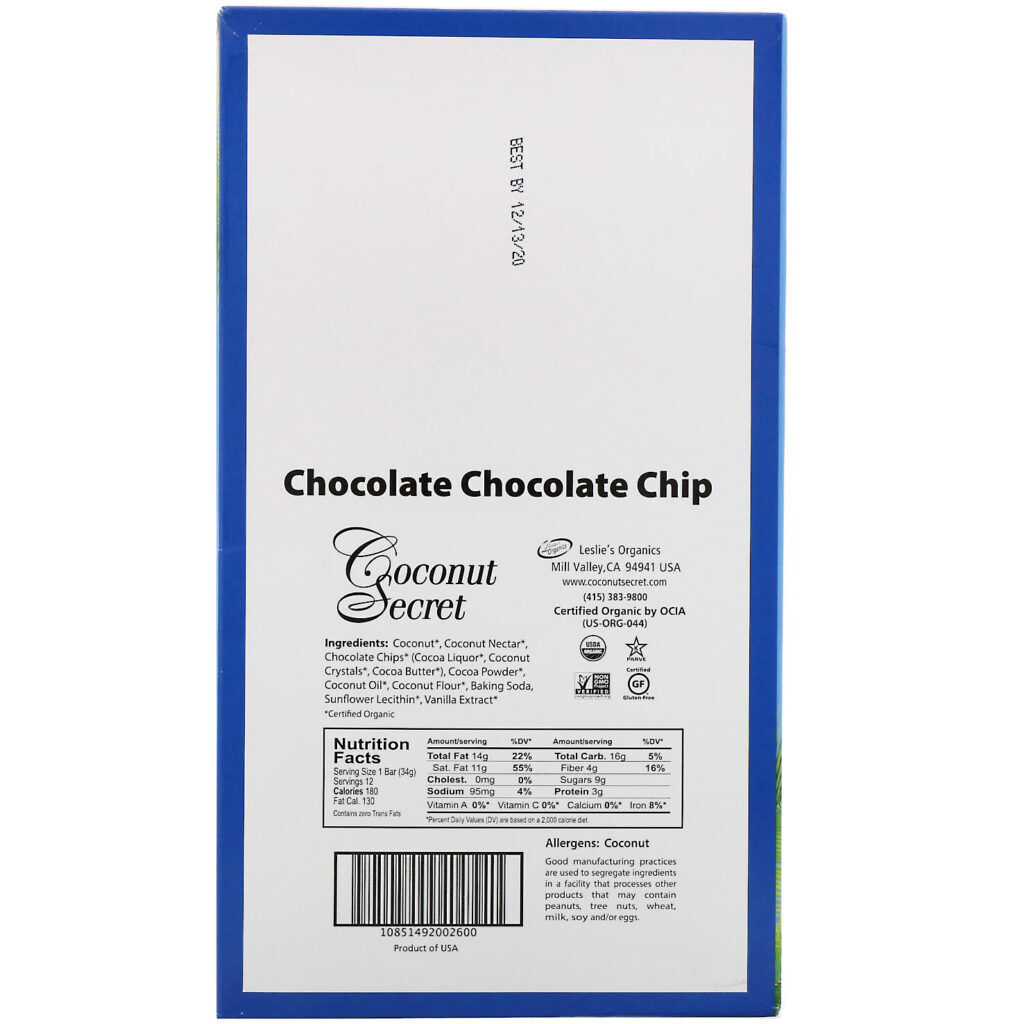 Coconut Secret, Crunchy Grain Free Granola Bar, Chocolate Chocolate Chip, 12 Bars, 1.2 oz (34 g) Each - Imagem 3