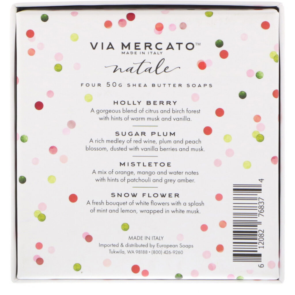 European Soaps, Via Mercato, Natale, Kit de Sabonetes de Manteiga de Karité, 4 Sabonetes, 50 g Cada - Imagem 3