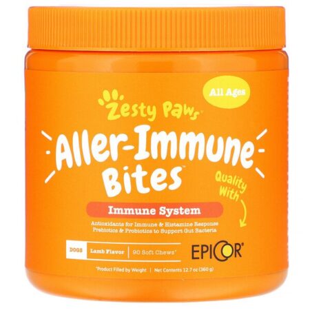 Zesty Paws, Allergy Immune Bites, Saúde Digestiva e Imunológica, para Cães, Todas as Idades, Sabor de Cordeiro, 90 Petiscos Mastigáveis