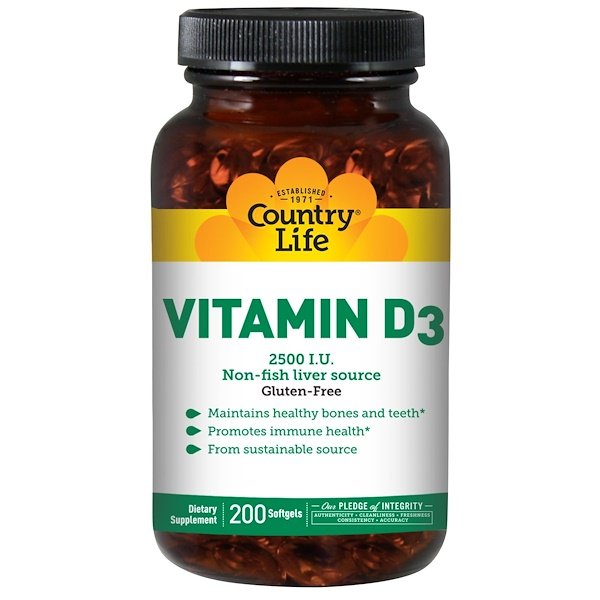 Country Life, Vitamina D3, 2500 I.U., 200 Softgels