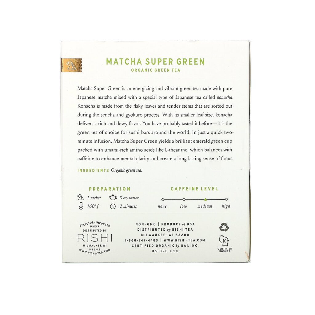 Rishi Tea, Organic Green Tea, Matcha Super Green, 15 Sachets, 1.42 oz (40.5 g) - Imagem 2