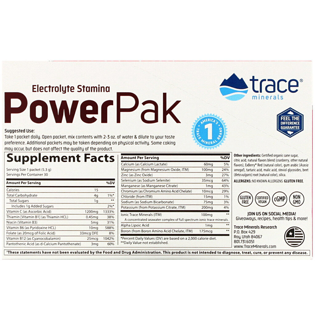 Trace Minerals Research, Electrolyte Stamina PowerPak, Cranberry, 30 Packets, 0.19 oz (5.3 g) Each - Imagem 2