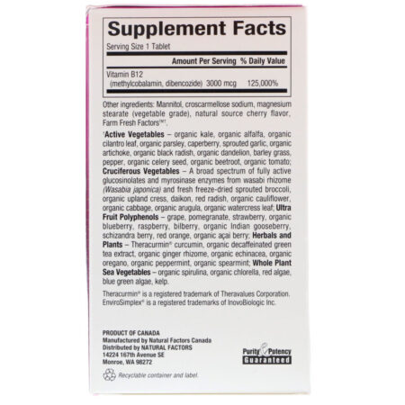 Natural Factors, BioCoenzymated, B12, Methylcobalamin & Dibencozide, 3,000 mcg, 30 Chewable Tablets - Imagem 2