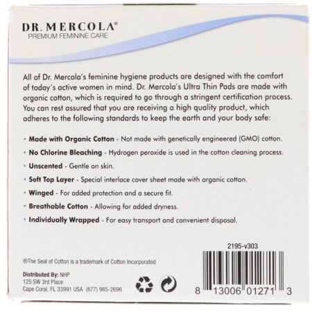 Dr. Mercola, Absorventes Ultrafinos de Algodão Orgânico, Diurno com Abas, 10 Absorventes - Image 2