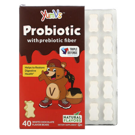 YumV's, Probiótico + Fibra Prebiótica, Sabor Chocolate Branco, 40 Ursinhos