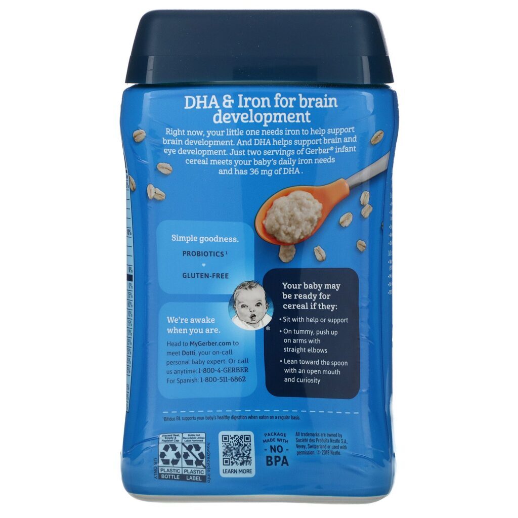 Gerber, DHA & Probiotic Oatmeal, Single Grain Cereal, 8 oz (227 g) - Imagem 3