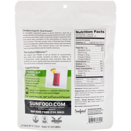 Sunfood, Organic Acai Powder, 8 oz (227 g) - Imagem 2