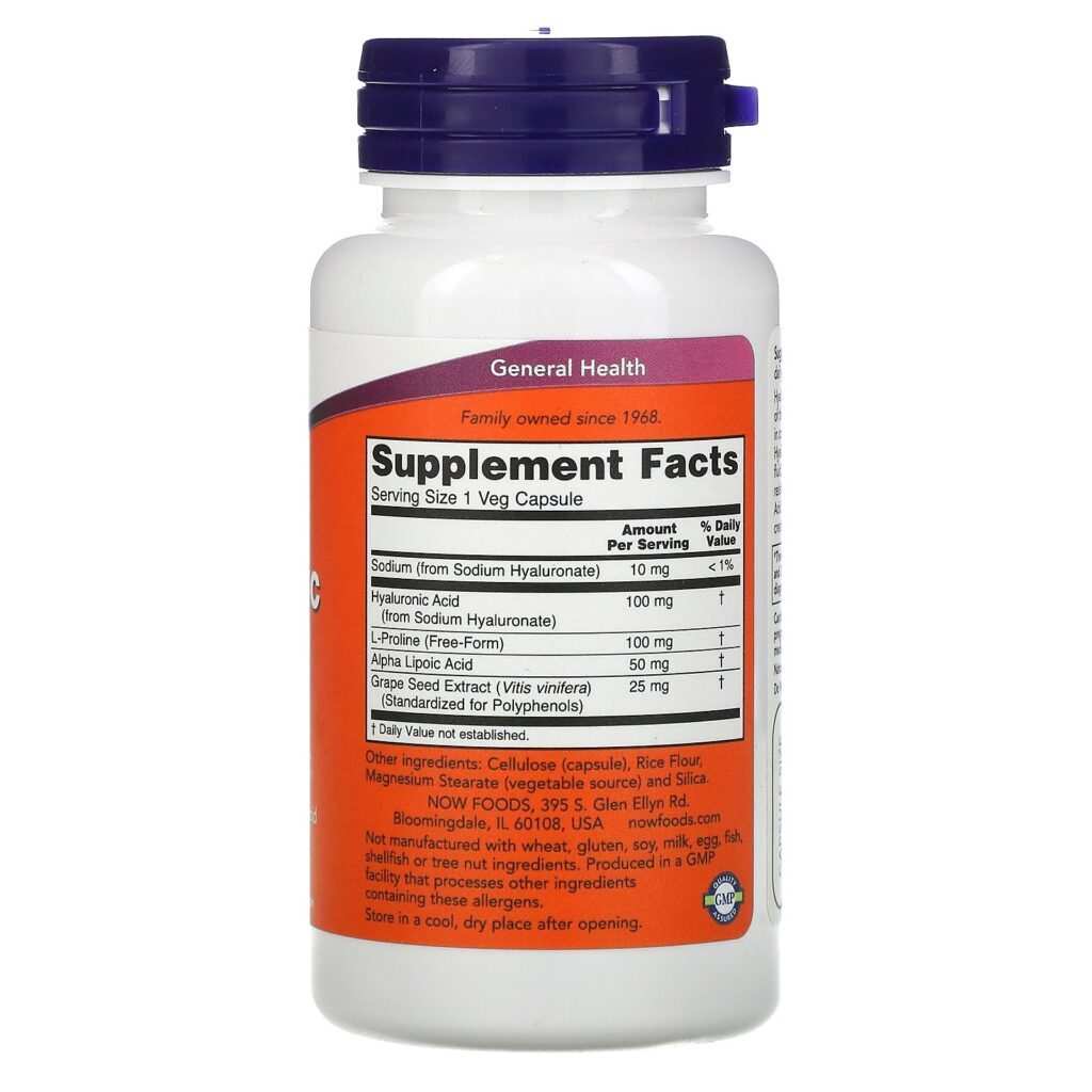 Now Foods, Ácido Hialurônico, Potência em Dobro, 100 mg, 60 Cápsulas Vegetais - Imagem 2