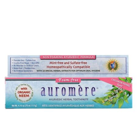 Auromere, Pasta de Dente Herbal Aiurvédica, Sem Espuma, Sabor Cardamomo, Erva-Doce, 4,16 oz (117 g)