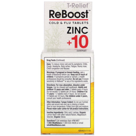 MediNatura, T-Relief, ReBoost, Cold & Flu Tablets, Zinc +10, 60 Tablets - Imagem 3