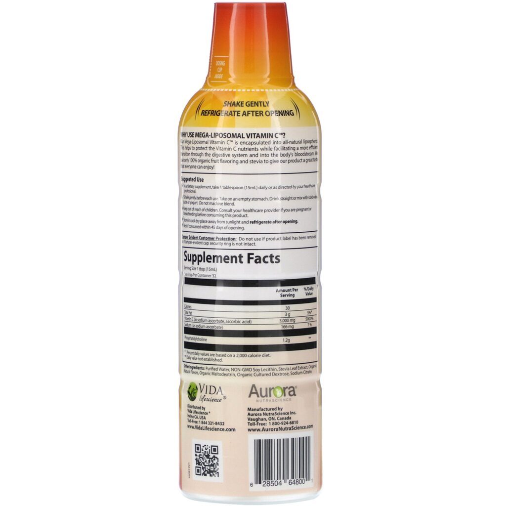 Aurora Nutrascience, Mega-Liposomal Vitamin C, Organic Fruit Flavor, 3,000 mg, 16 fl oz (480 ml) - Imagem 2