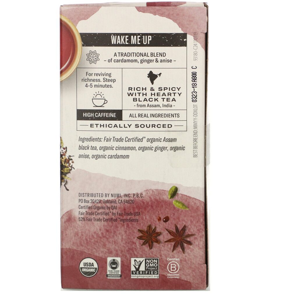 Numi Tea, Organic Black Tea, Golden Chai, 18 Tea Bags, 1.65 oz (46.8 g) - Imagem 2