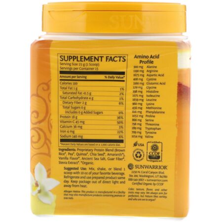 Sunwarrior, Proteína Clássica Plus, Orgânica e de Base Vegetal, Baunilha, 13,2 oz (375 g) - Image 2