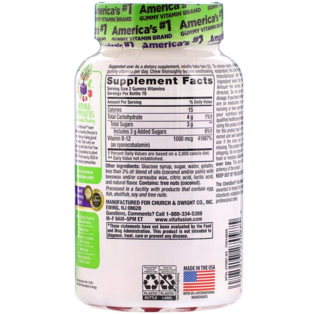 VitaFusion, B12, Sabor natural de framboesa, 1.000 mcg, 140 Gomas - Imagem 2