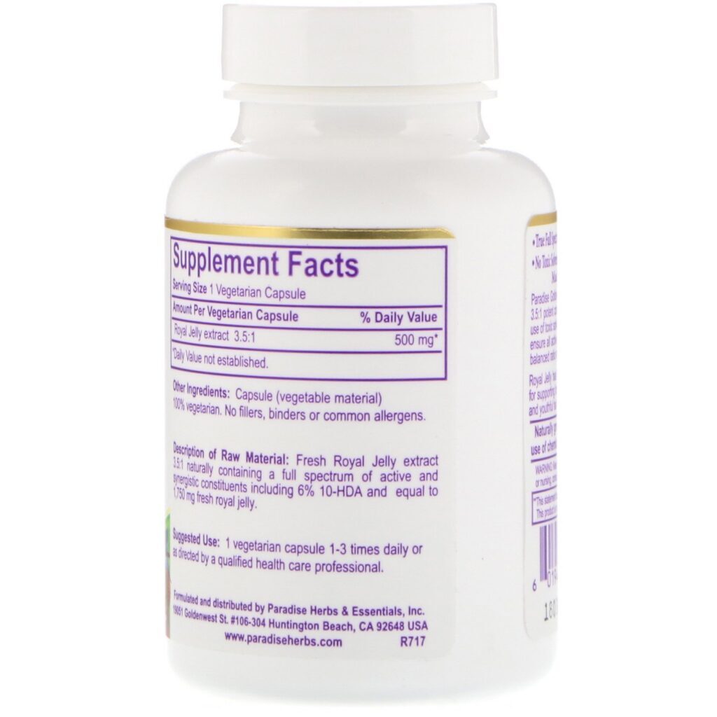 Paradise Herbs, Golden Emperor Royal Jelly, 60 Vegetarian Capsules - Imagem 2