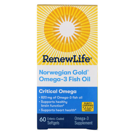 Renew Life, Critical Omega, Ômega-3 de Óleo de Peixe Norwegian Gold, 60 Cápsulas Softgel Revestidas Entericamente