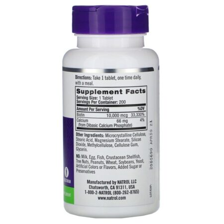 Natrol, Biotin, Maximum Strength, 10,000 mcg, 200 Tablets - Imagem 2