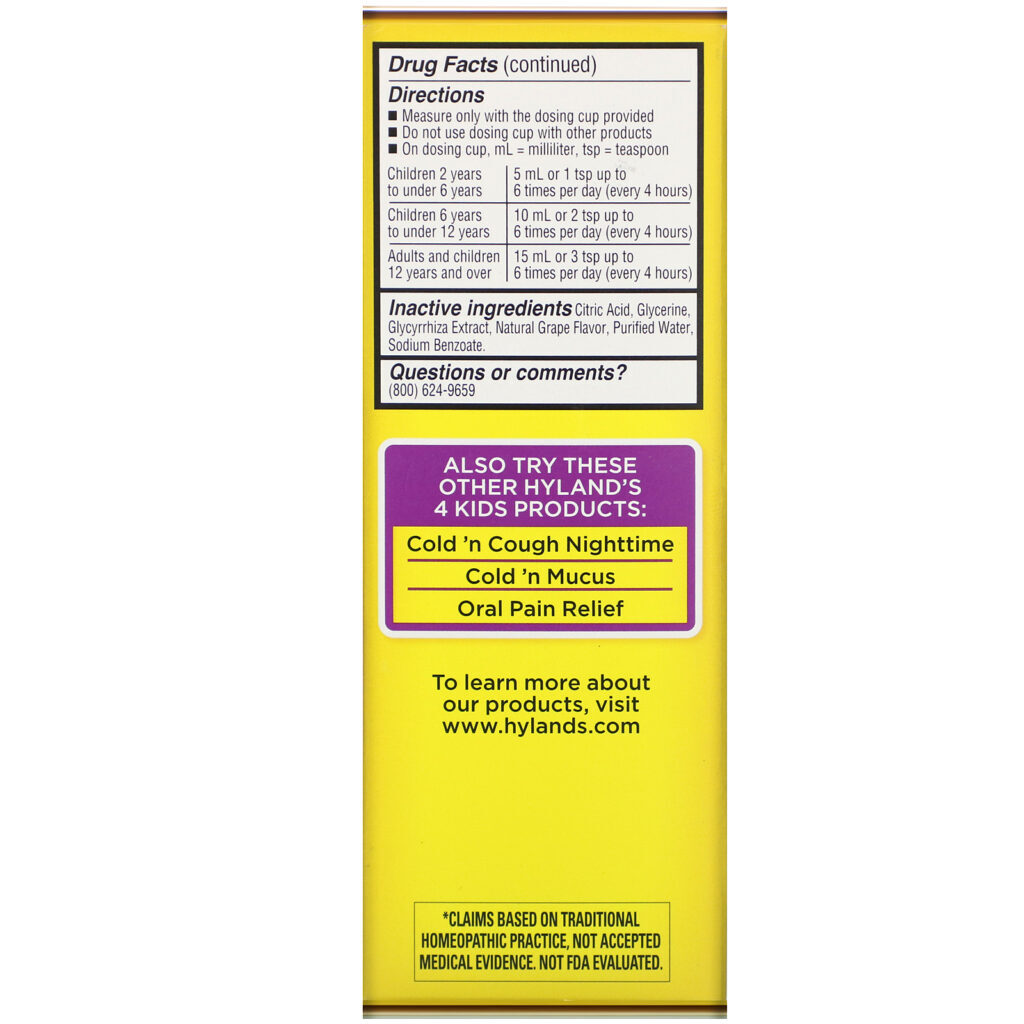 Hyland's, 4 Kids, Daytime Cold 'n Cough, Ages 2-12, Natural Grape Flavor, 4 fl oz (118 ml) - Imagem 4