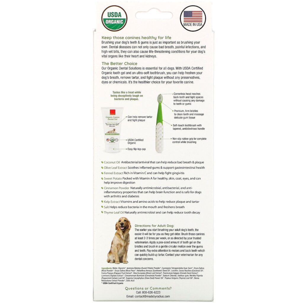 RADIUS, Organic Dental Solutions, Firm Bristles, Adult Dog, 1.5-8 Years , 1 Toothbrush + .8 oz Tooth Gel - Imagem 3