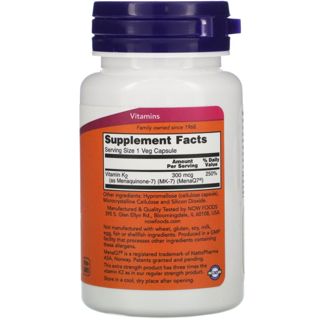 Now Foods, MK-7 Vitamin K-2, Extra Strength, 300 mcg, 60 Veg Capsules - Imagem 2