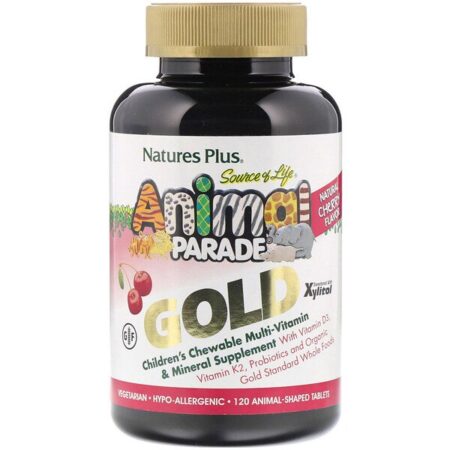 Nature's Plus, Source of Life Animal Parade Gold, Suplemento Vitamínico e Mineral Infantil Mastigável, Sabor Natural de Cereja, 120 Comprimidos em Forma de Animal