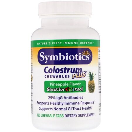 Symbiotics, Colostrum Plus, Mastigáveis, Sabor Abacaxi, 120 Comprimidos Mastigáveis