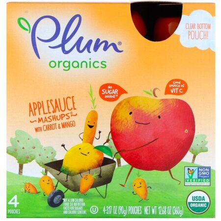 Plum Organics, Organics Applesauce Mashups with Carrot & Mango, 4 Pouches, 3.17 oz (90 g) Each