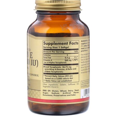 Solgar, Vitamina E de Origem Natural, 268 mg (400 UI), 100 Softgels - Image 2