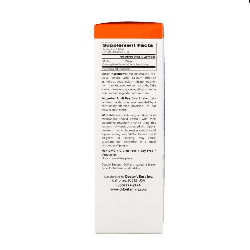 Doctor's Best, SAM-e, Double-Strength, 400 mg, 60 Comprimidos Revestidos Entericamente - Imagem 2