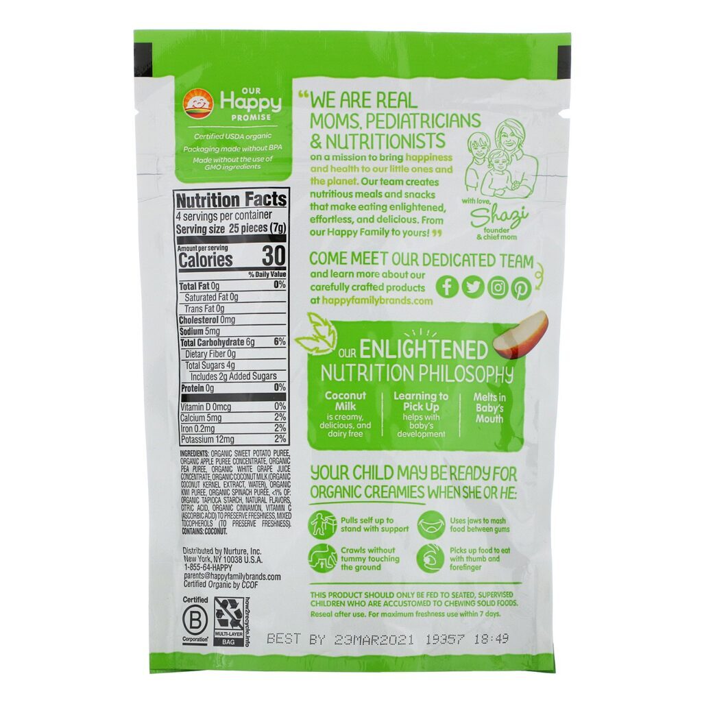 Happy Family Organics, Cremosos Orgânicos, Vegetais Liofilizados, Lanche de Frutas e Leite de Coco, Maçãs, Espinafre, Ervilha e Quiuí, 1 oz (28 g) - Imagem 2