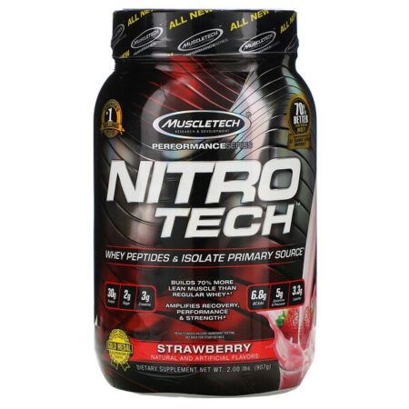 Muscletech, Nitro-Tech, Isolado de Whey + Construtor de Massa Muscular Magra, Morango, 907 g (2 lbs)