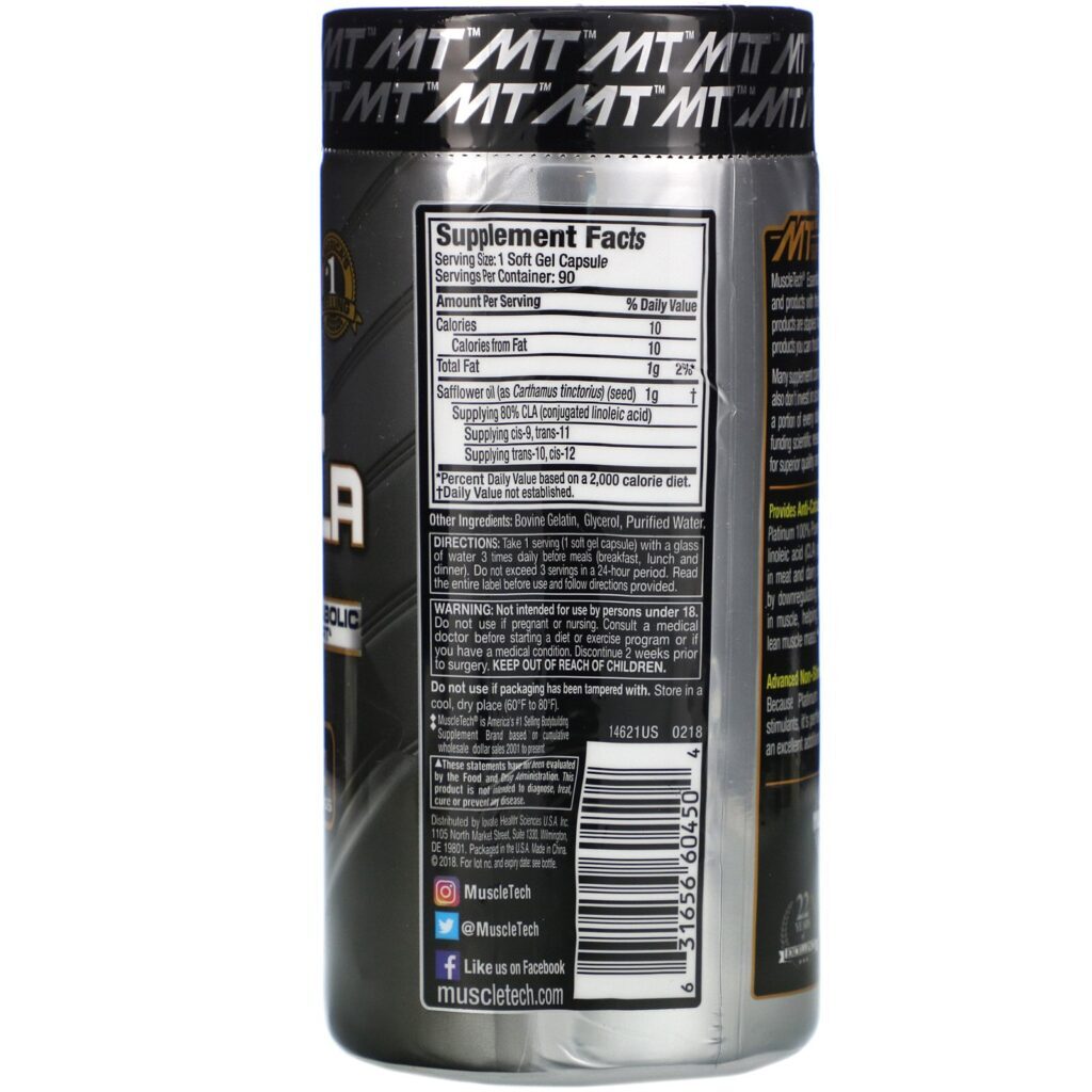 Muscletech, Essential Series, Platinum 100% Pure CLA, 800 mg, 90 Soft Gel Caps - Imagem 2