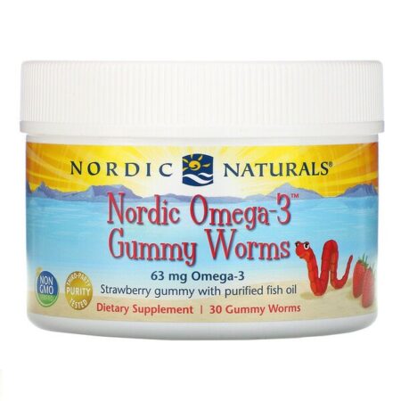 Nordic Naturals, Nordic Omega-3 Gummy Worms, Strawberry Gummy, 63 mg, 30 Gummy Worms