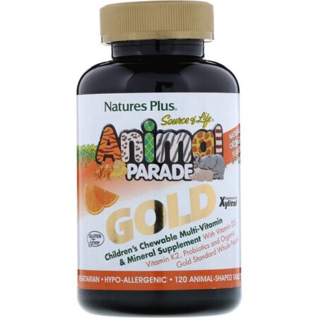 Nature's Plus, Fonte de Vida Desfile Animal, Ouro, Suplemento Multi-vitamínico e Mineral Mastigável para Crianças, Sabor Natural de Laranja 120 Animais