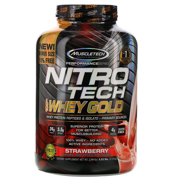 Muscletech, Nitro Tech 100% Whey Gold, Morango, 2,51 kg (5,53 lb)