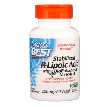 Doctor's Best, Ácido R-lipoico estabilizado com Na-RALA Bioenriquecido, 200 mg, 60 Cápsulas Vegetais