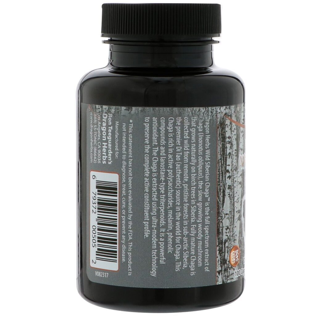 Dragon Herbs, Chaga Siberiano Silvestre, 500 mg, 100 Cápsulas - Imagem 3