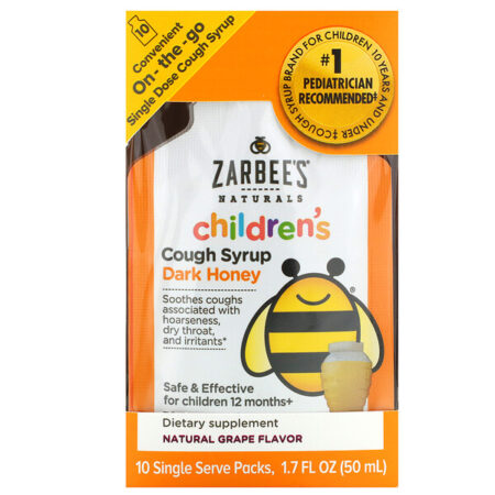 Zarbee's, Children's Cough Syrup, Dark Honey, On-the-Go, For Children 12 Months+, Natural Grape Flavor, 10 Single Serve Packs, 1.7 fl oz (50 ml)