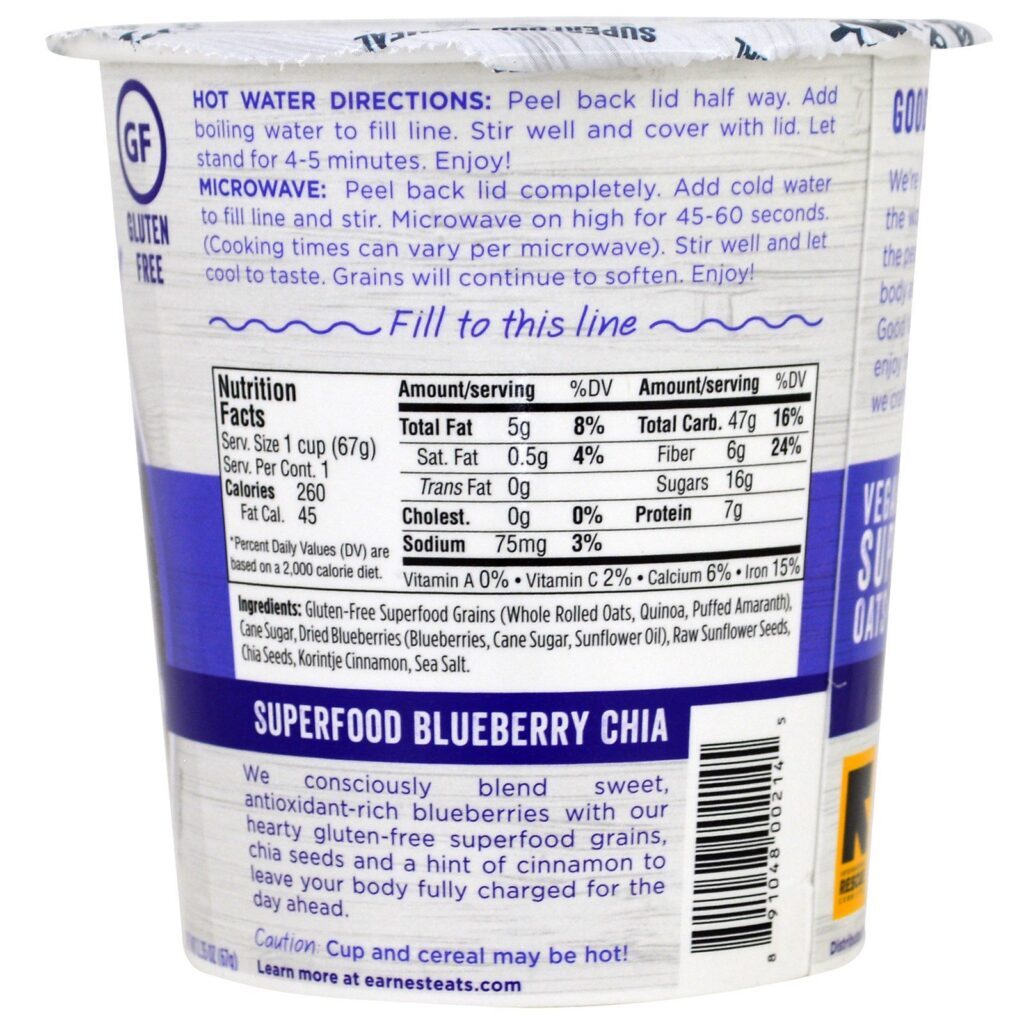 Earnest Eats, Superalimento de aveia em copo, Blueberry + Chia + Canela, Superalimento com Blueberry e Chia, 2.35 oz (67 g) - Imagem 2