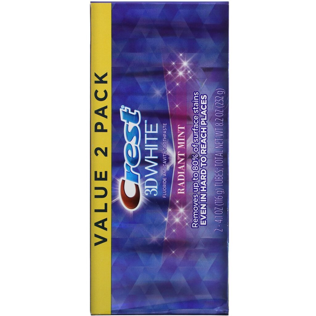 Crest, 3D White, Fluoride Anticavity Toothpaste, Radiant Mint, 2 Pack, 4.1 oz (116 g) Each - Imagem 2