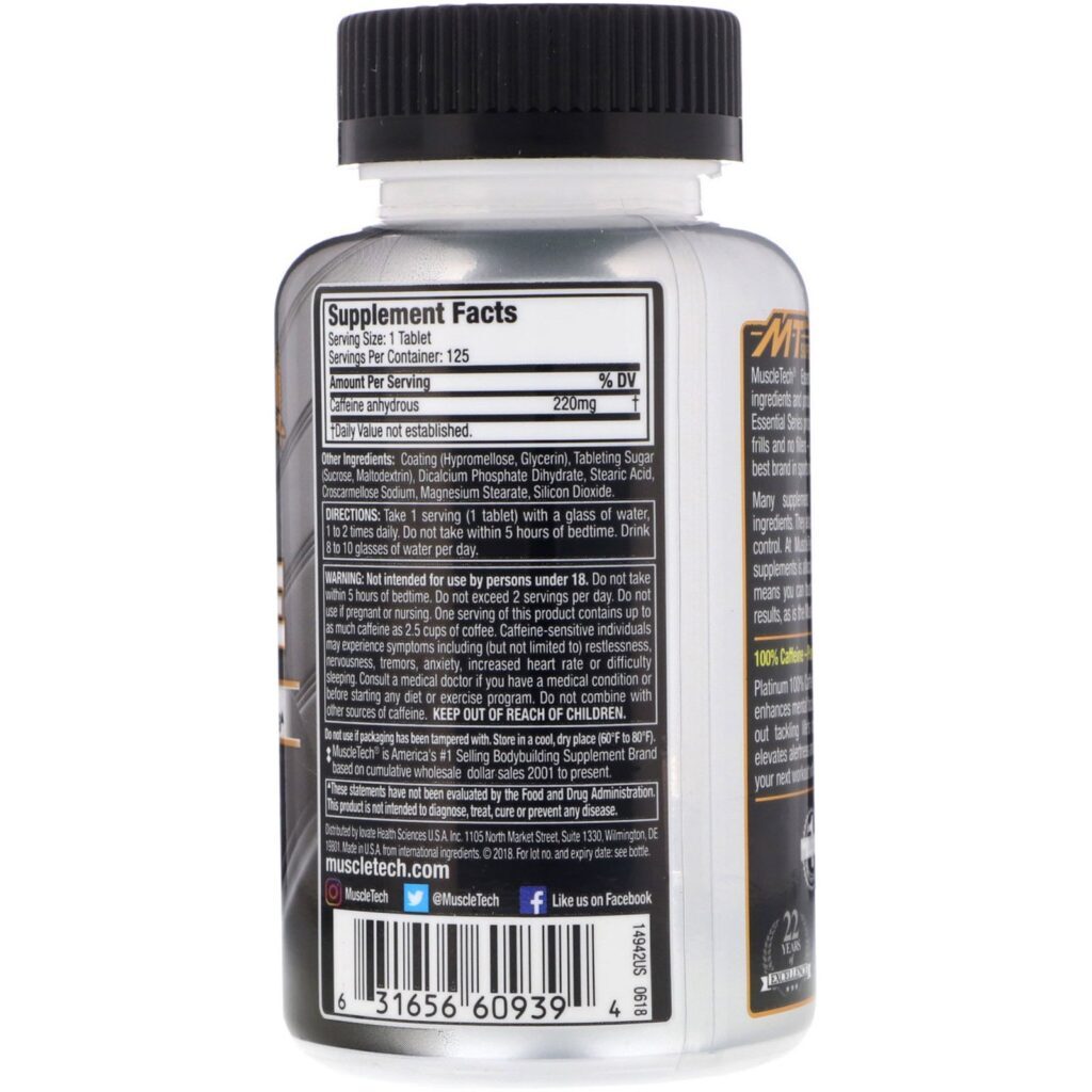 Muscletech, Essential Series, Platinum 100% Caffeine, 200 mg, 125 Tablets - Imagem 2