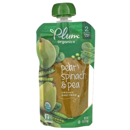 Plum Organics, Organic Baby Food, Stage 2, Pear, Spinach & Pea, 6 Poches, 4 oz (113 g) Each - Image 2