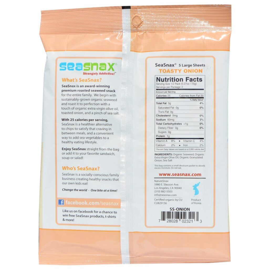 SeaSnax, Lanche Premium algas tostadas, Cebola Tostada, 0,54 oz (15 g) - Imagem 2