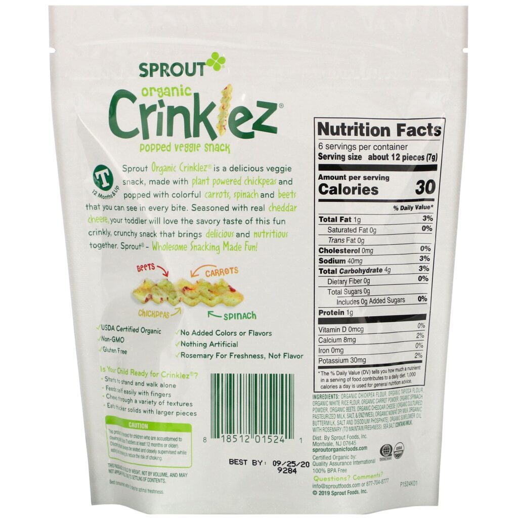Sprout Organic, Crinklez, Popped Veggie Snack, Espinafre com Queijo, 1,48 oz (42 g) - Imagem 2