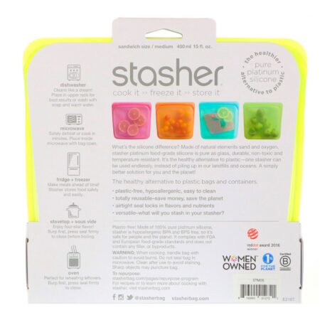 Stasher, Saquinho Reutilizável de Silicone para Alimentos, Tamanho Médio de Sanduíche, Lima, 15 fl oz (450 ml) - Image 2