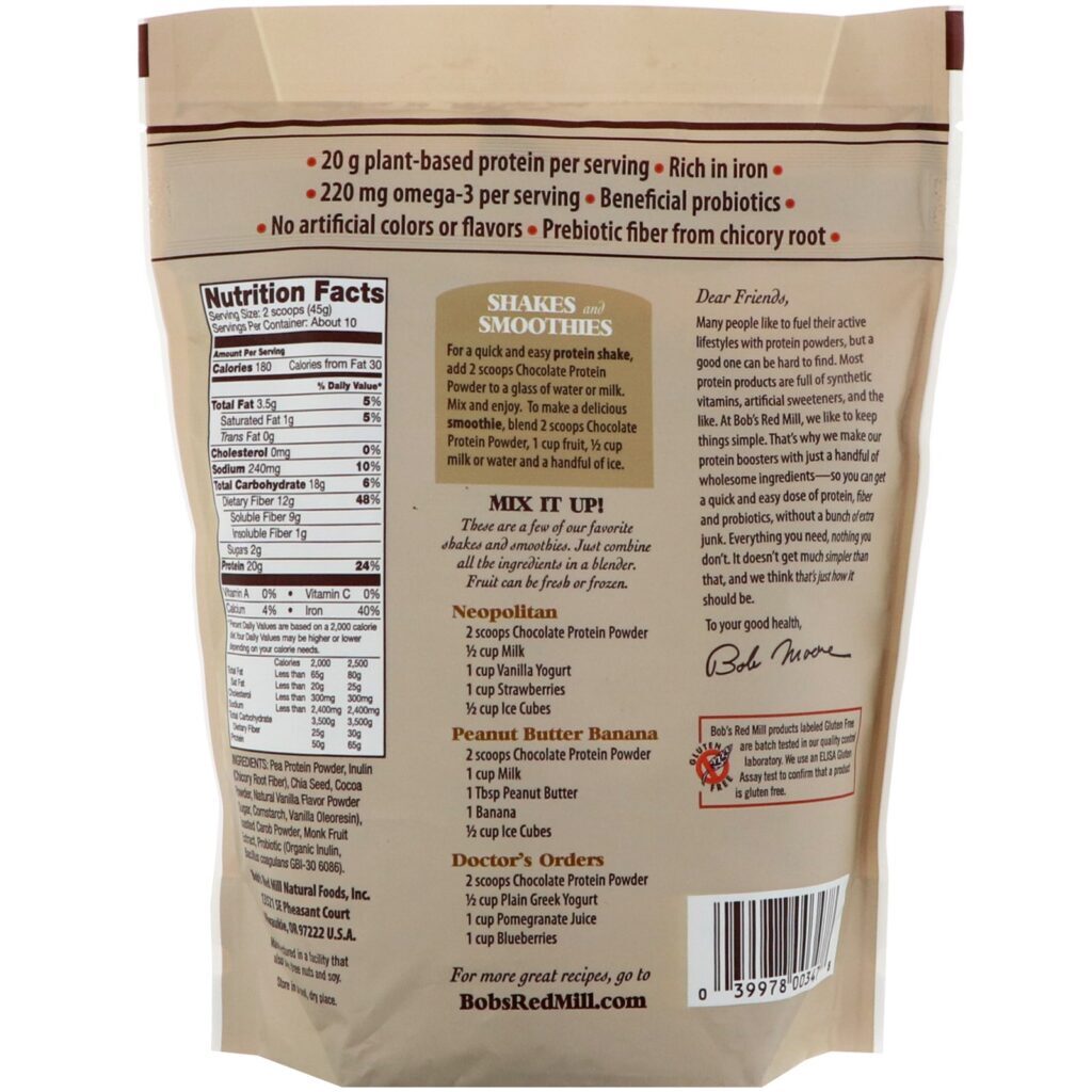 Bob's Red Mill, Proteína em pó Sabor Chocolate, Amplificador Nutricional com Chia e Prebióticos, 16 oz (453 g) - Imagem 2