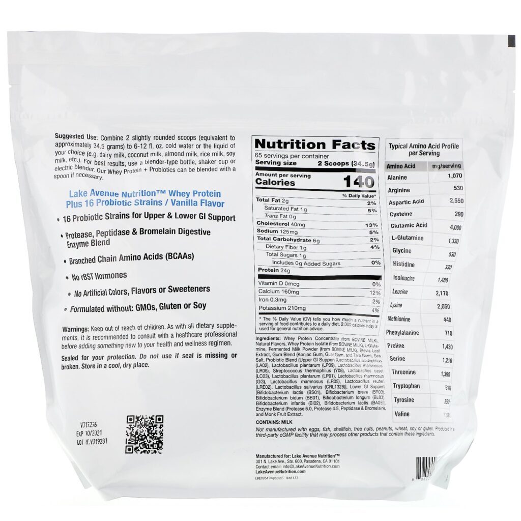 Lake Avenue Nutrition, Proteína Whey + Probióticos, Sabor Baunilha, 2.270 g (5 lb) - Imagem 2