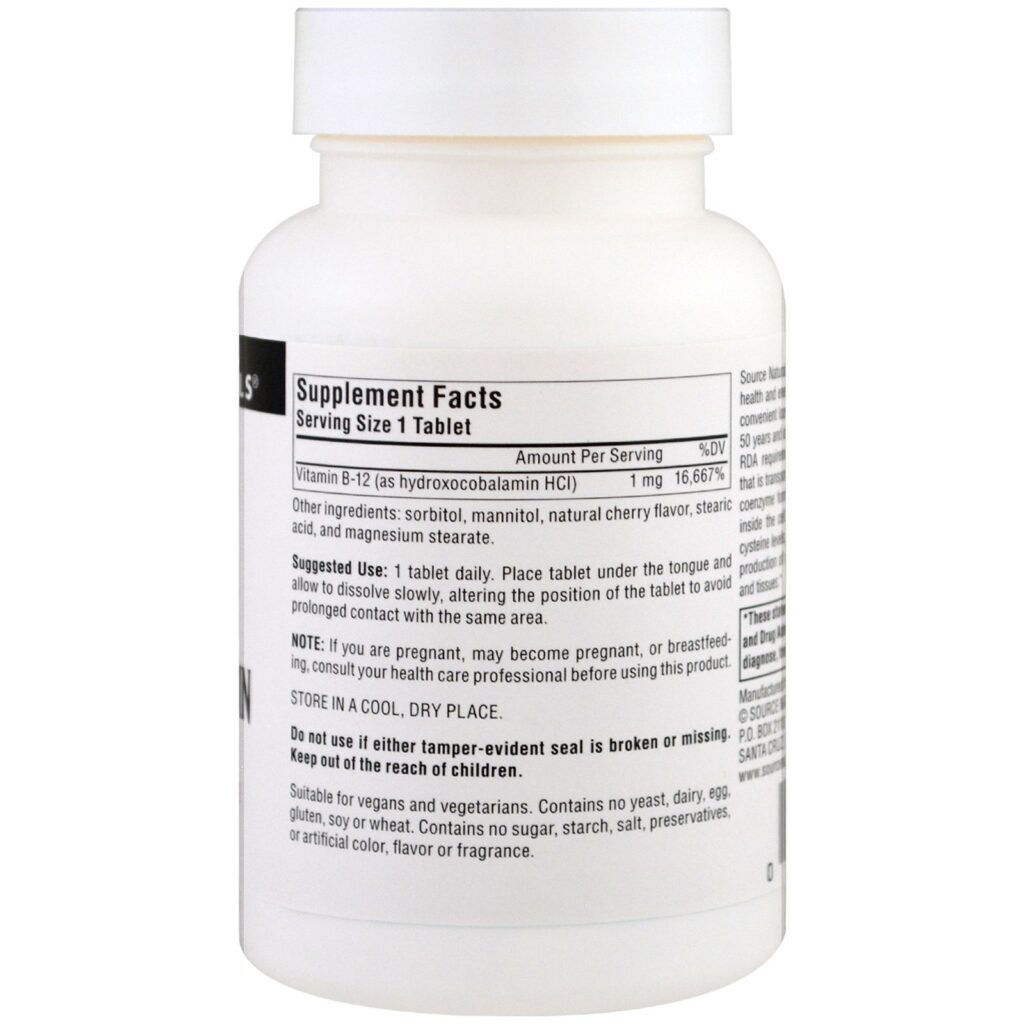 Source Naturals, Hidroxocobalamina, Vitamina B-12, Pastilhas Sabor Cereja, 1 mg, 240 Pastilhas - Imagem 2