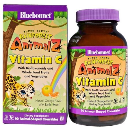 Bluebonnet Nutrition, Super Earth, Rainforest Animalz, Vitamina C, Sabor Natural de Laranja, 90 Mastigáveis