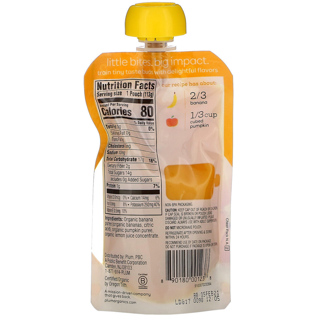 Plum Organics, Organic Baby Food, 6 Months & Up, Banana & Pumpkin, 6 Pouches, 4 oz (113 g) Each - Imagem 3